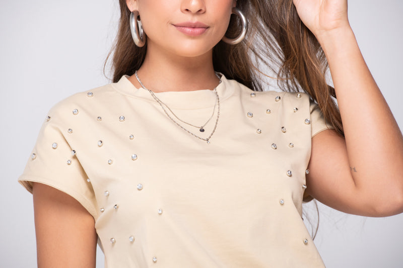 Blusa Manga Corta Color Beige Y Blanco Marca Trucco's