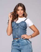 Set 2 Piezas Blusa Denim de Tiras con Botonadura Camiseta Corta Básica Marca Trucco´s