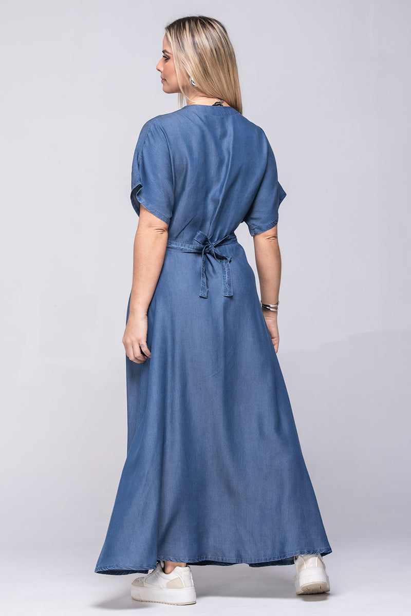 Vestido Largo En Tencel Color Azul Medio Marca Trucco's