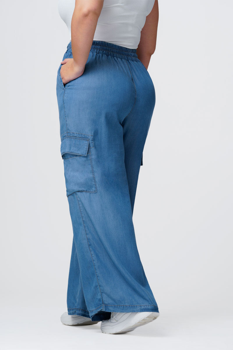 Pantalón En Tencel WideLeg Color Azul Medio Marca Trucco's Plus Size