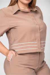Set 2 Piezas Pantalón Wide Leg Camisa Con Líneas En Contraste Marca Trucco´s Plus Size