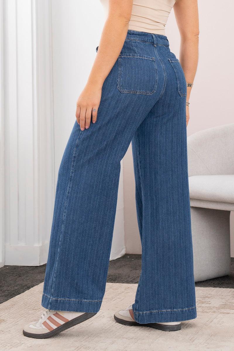 Jean Wide Leg Tiro Alto Láser Efecto Rayas Pretina Resortada de Anudar Marca Trucco´s