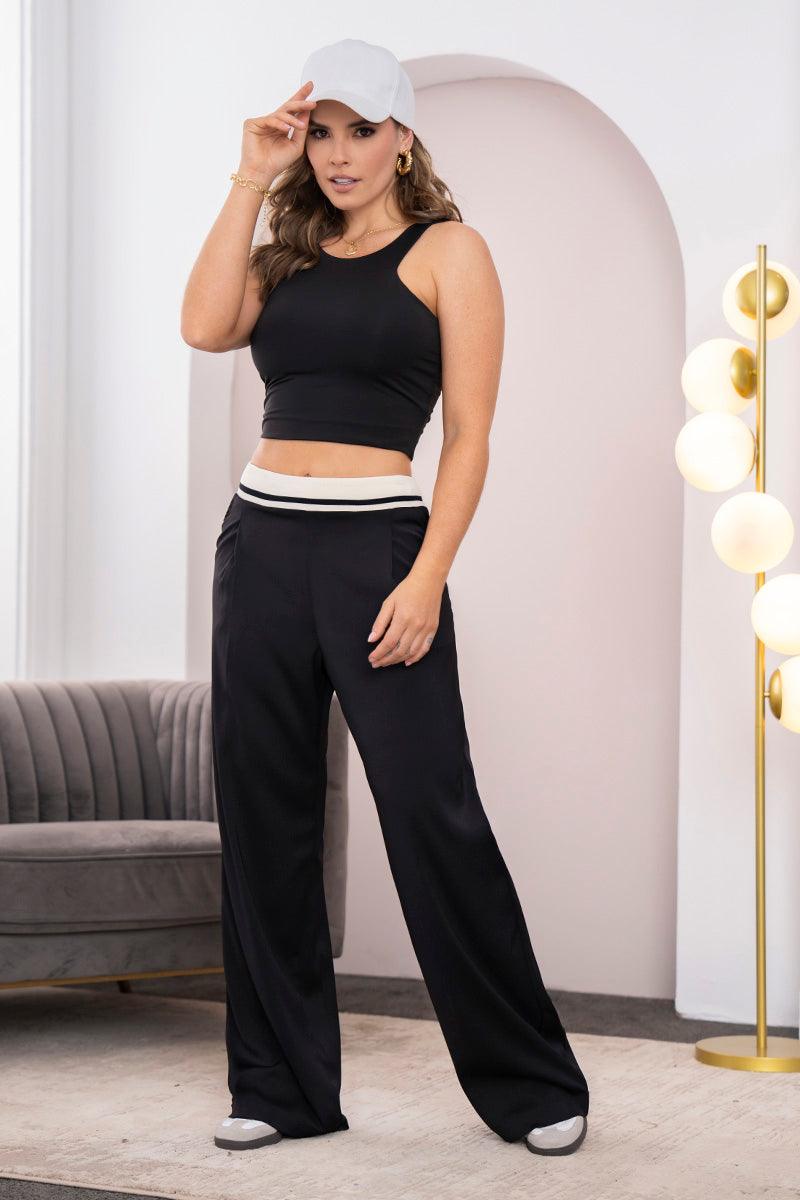 Pantalón Wide Leg Tiro Alto Pretina Deportiva Con Línea en Contraste Marca Trucco´s