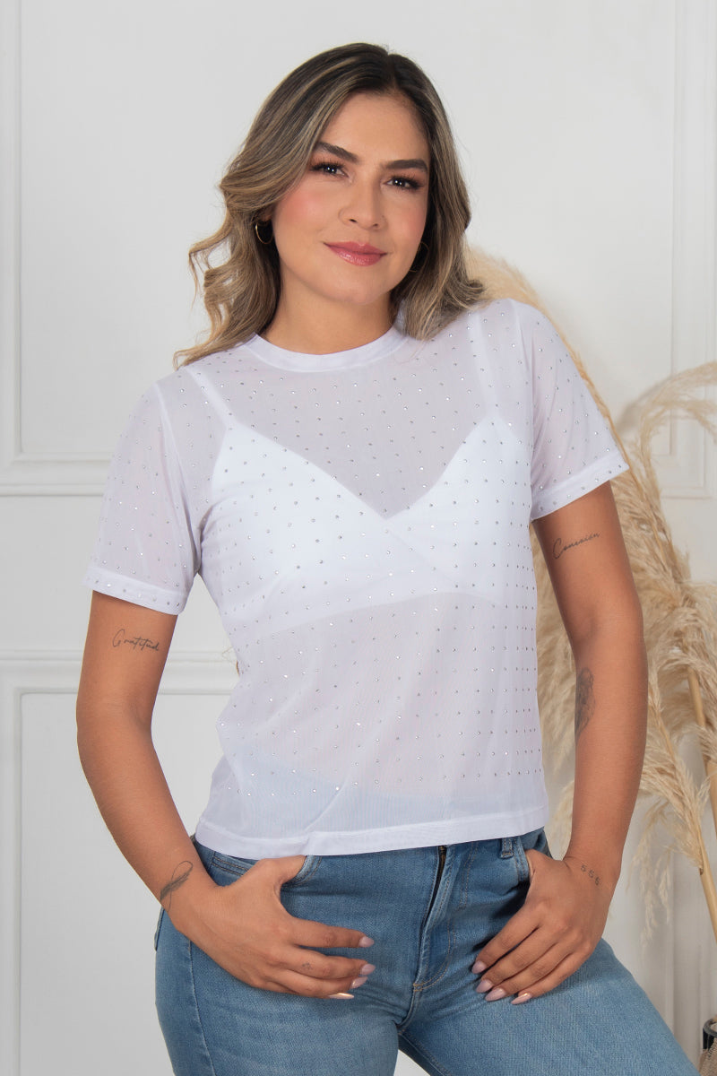 Set 2 Piezas Blusa Manga Corta Con Transparencia Y Brillantes Crop Top a Tono Marca Trucco´s
