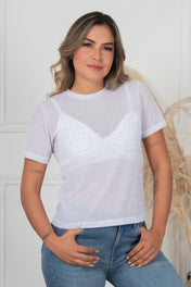 Set 2 Piezas Blusa Manga Corta Con Transparencia Y Brillantes Crop Top a Tono Marca Trucco´s