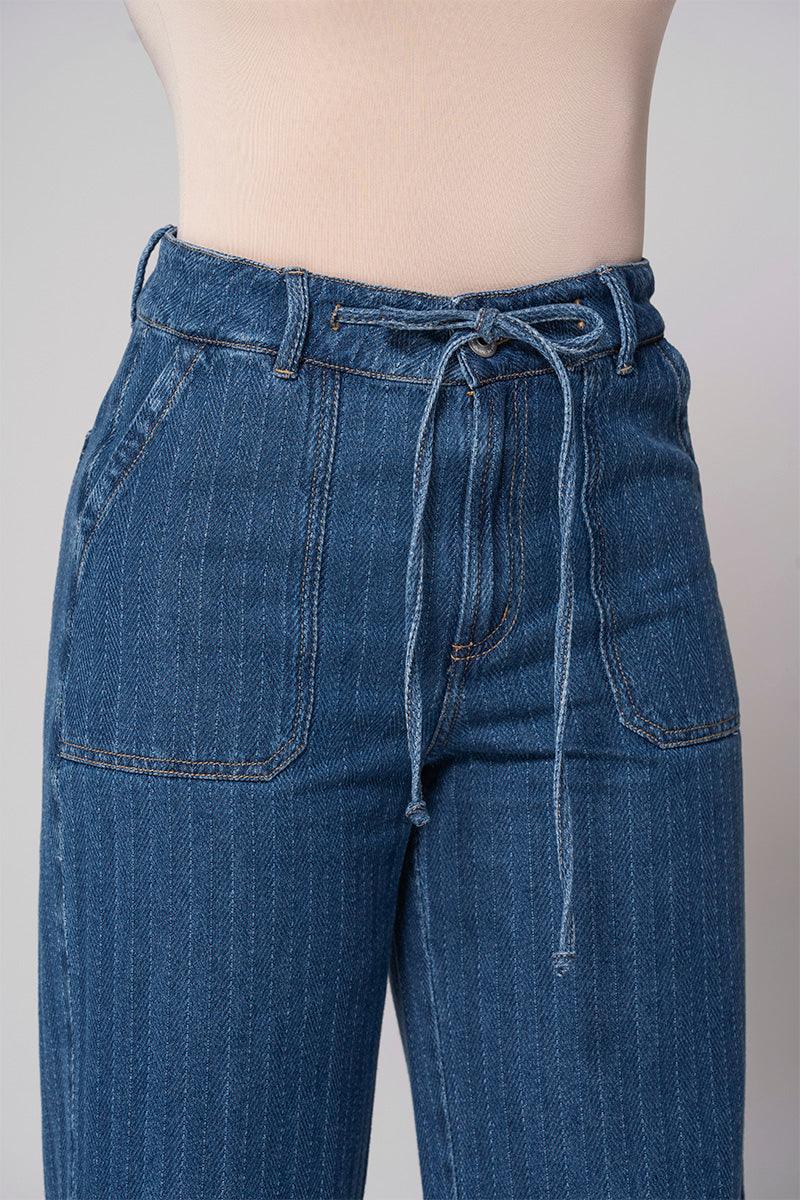 Jean Wide Leg Tiro Alto Láser Efecto Rayas Pretina Resortada de Anudar Marca Trucco´s