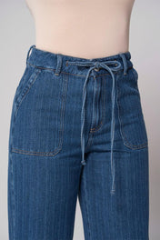 Jean Wide Leg Tiro Alto Láser Efecto Rayas Pretina Resortada de Anudar Marca Trucco´s