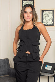 Set 2 Piezas Pantalón Tiro Alto Chaleco Halter Cargo Marca Trucco´s
