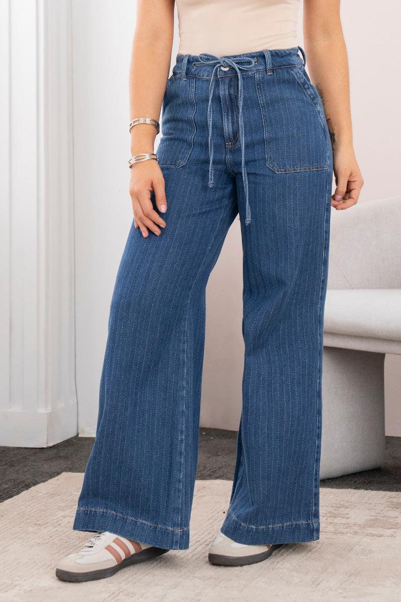 Jean Wide Leg Tiro Alto Láser Efecto Rayas Pretina Resortada de Anudar Marca Trucco´s