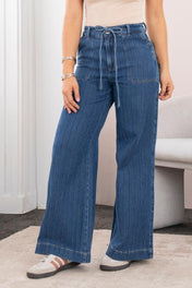 Jean Wide Leg Tiro Alto Láser Efecto Rayas Pretina Resortada de Anudar Marca Trucco´s