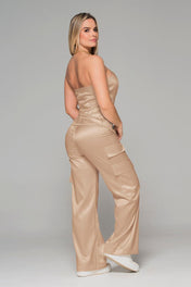 Set 2 Piezas Satinado Pantalón Tipo Cargo Blusa Straple Marca Trucco´s