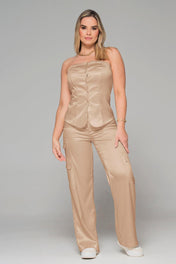 Set 2 Piezas Satinado Pantalón Tipo Cargo Blusa Straple Marca Trucco´s