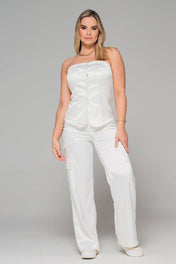 Set 2 Piezas Satinado Pantalón Tipo Cargo Blusa Straple Marca Trucco´s