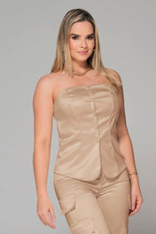Set 2 Piezas Satinado Pantalón Tipo Cargo Blusa Straple Marca Trucco´s