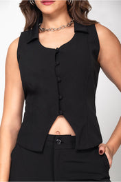 Set 2 Piezas Pantalón Wide Leg Chaleco con Ruedo Asimétrico Marca Trucco´s