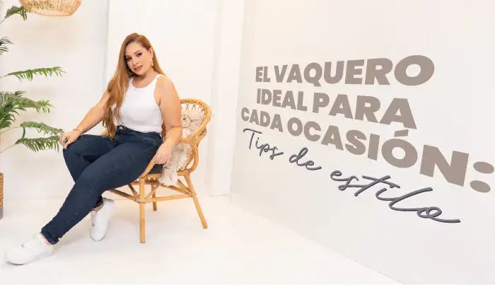 Mujer con jeans oscuros y camiseta blanca sentada en silla de mimbre, moda casual femenina.