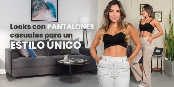 Mujer joven con pantalones casuales beige y top negro, atuendo moderno de moda en sala elegante