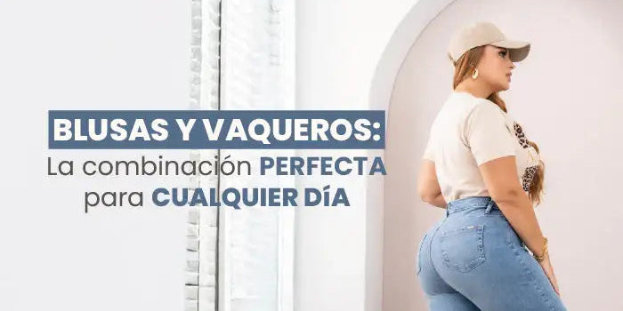 Mujer con blusa beige y vaqueros ajustados, outfit casual de moda para cualquier día.