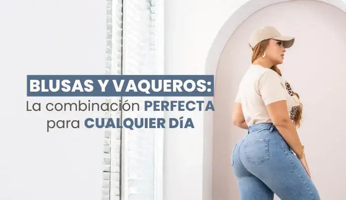 Mujer con blusa beige y vaqueros ajustados, outfit casual de moda para cualquier día.