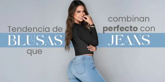 Mujer posando con blusa negra de manga larga y jeans claros, moda juvenil femenina