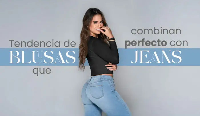 Mujer posando con blusa negra de manga larga y jeans claros, moda juvenil femenina