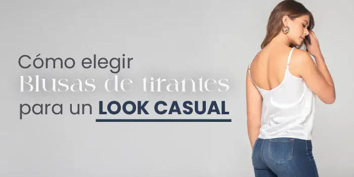 Mujer con blusa de tirantes blanca y jeans, moda casual femenina, fondo gris claro.