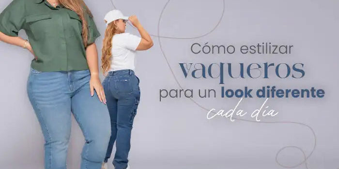 Mujer con vaqueros ajustados y blusa verde, outfit casual de moda femenina.