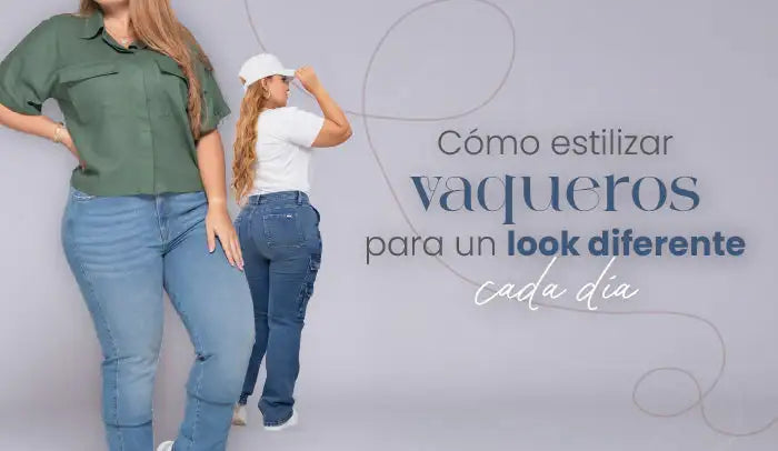 Mujer con vaqueros ajustados y blusa verde, outfit casual de moda femenina.