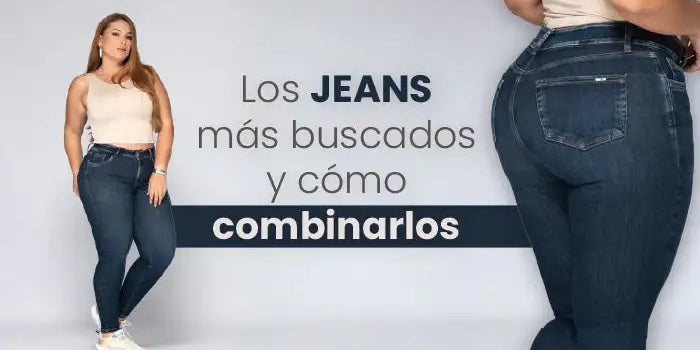 Mujer con top beige y jeans ajustados azul oscuro, moda de jeans para mujer, fondo claro.