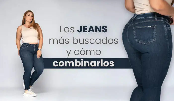 Mujer con top beige y jeans ajustados azul oscuro, moda de jeans para mujer, fondo claro.