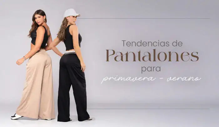 Mujeres con pantalones de moda anchos, primavera verano, fondo claro, estilo casual moderno