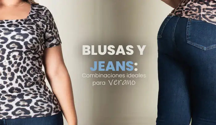 Mujer con blusa animal print y jeans ajustados, outfit de moda casual para verano