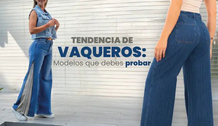 Mujeres luciendo vaqueros de moda anchos y con aberturas laterales sobre fondo blanco