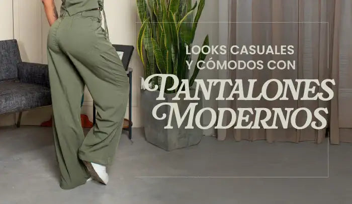 Mujer con pantalones modernos verdes estilo casual en un ambiente elegante de moda
