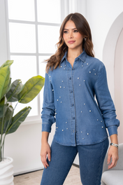 Camisa Manga Larga En Tencel Con Detalles de Perlas Marca Trucco´s