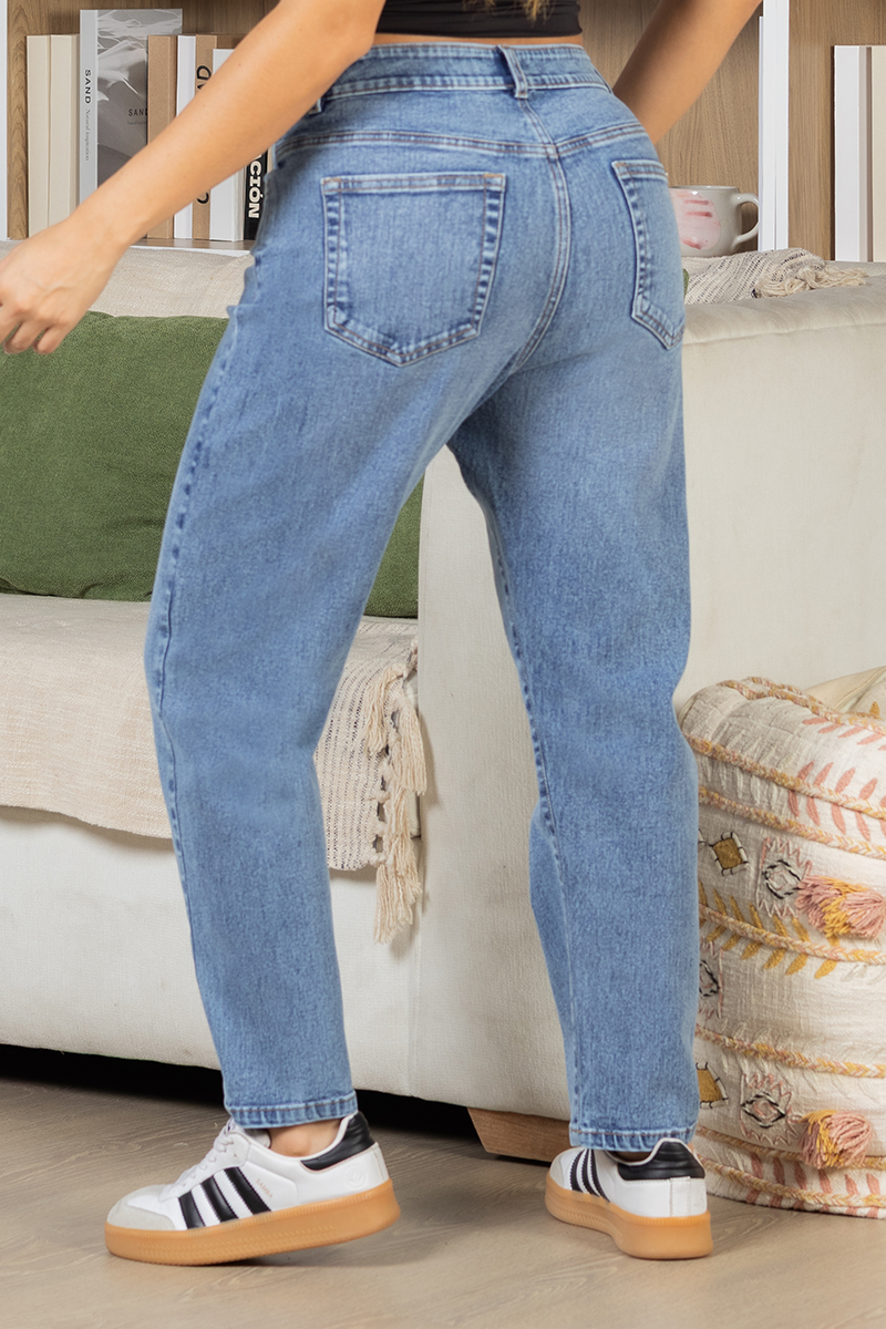 Jean Mom Fit Tiro Alto Denim Azul Medio Casual Marca Trucco´s