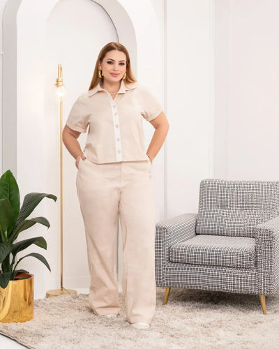 Set 2 Piezas Sesgo En Contraste Pantalón Wide Leg Tiro Alto Camisa Manga Corta Marca Trucco´s Plus Size - 4