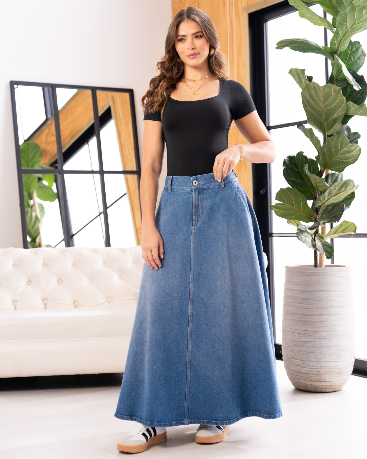 Falda Midi Denim Corte Campana Marca Trucco´s