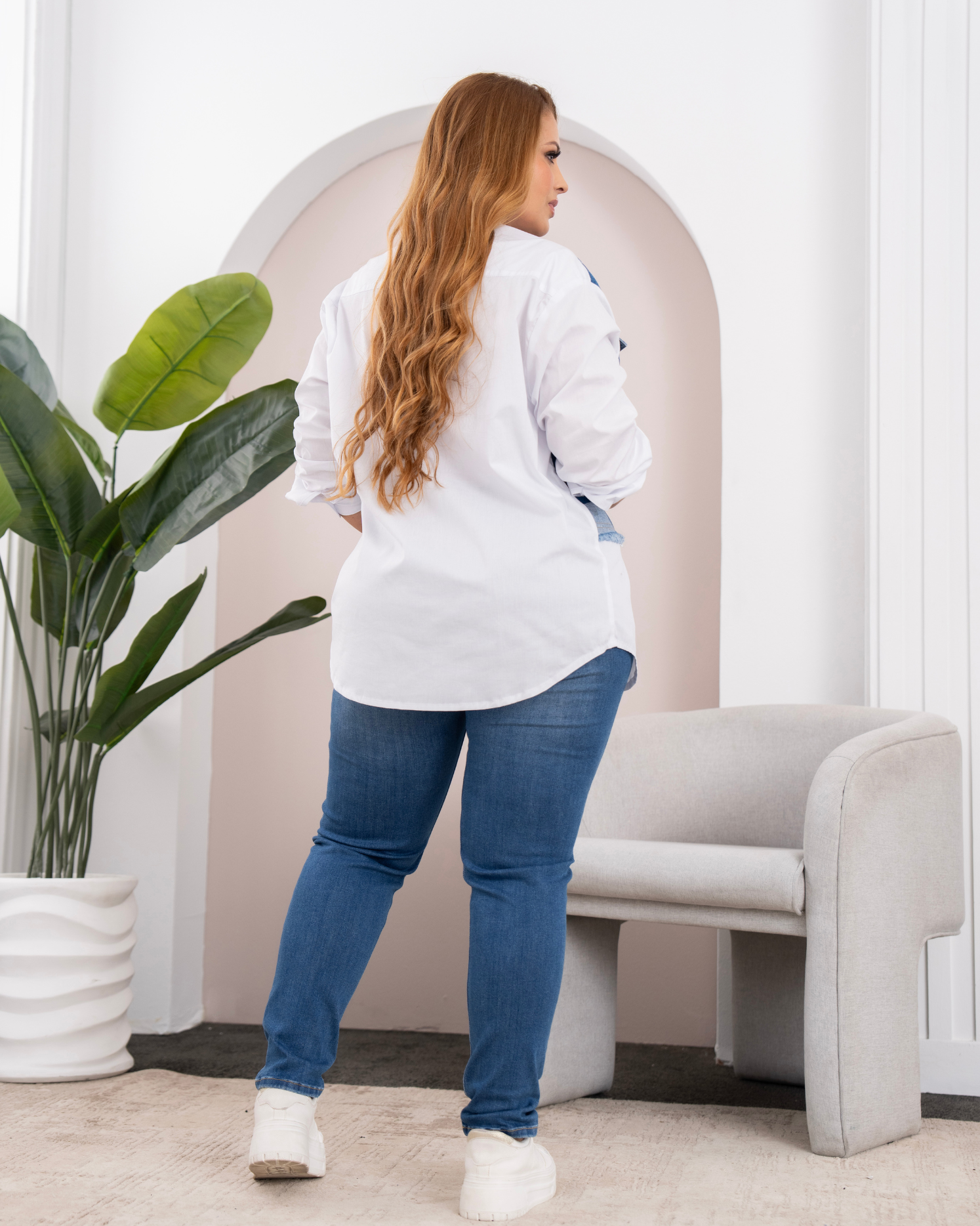 Camisa Manga Larga Oversize Chaleco Frontal Denim Bloque Efecto Parche Marca Trucco´s Plus Size