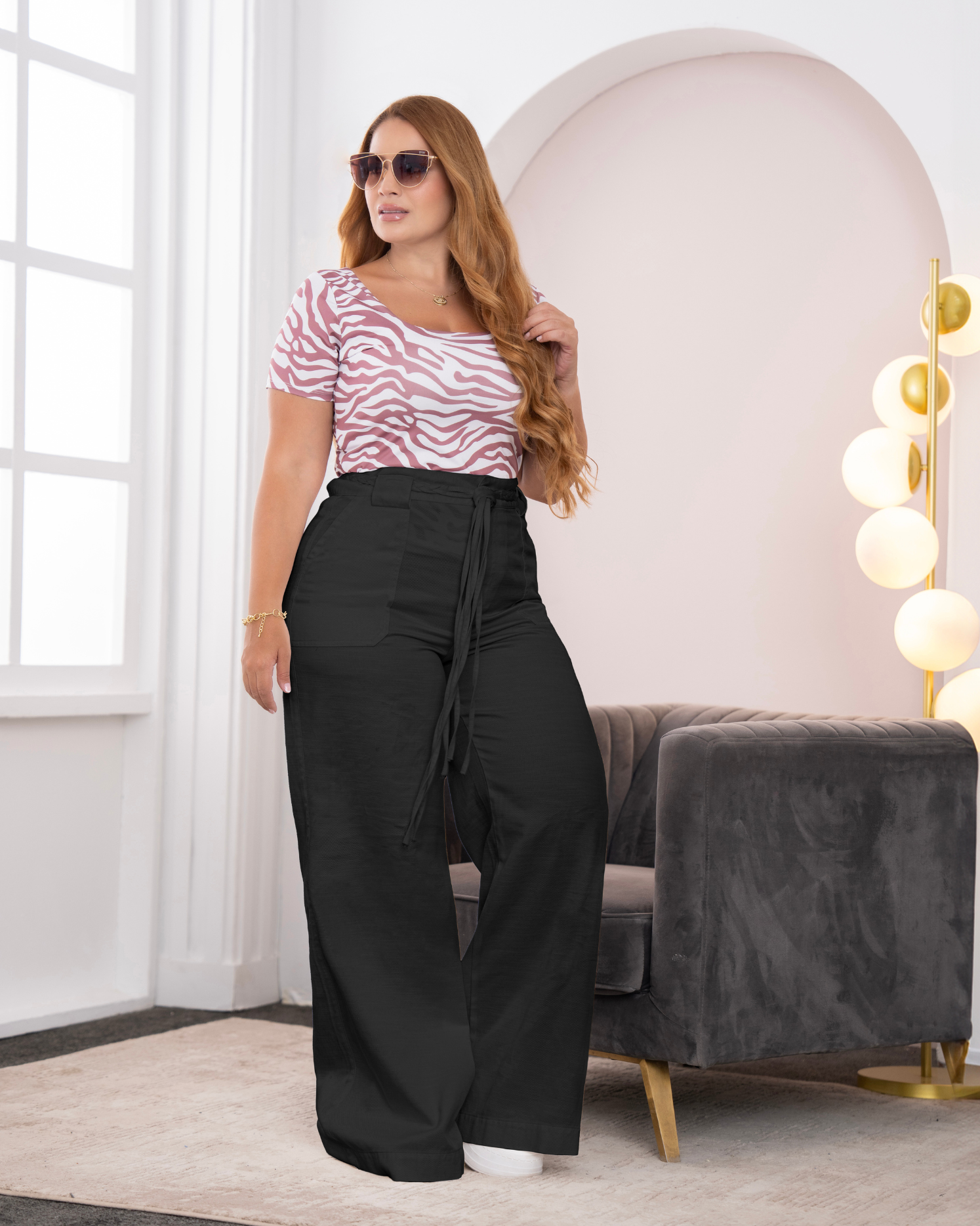 Panatalón Wide Leg Tiro Alto Pretina Resortada Cinturón Trenzado Marca Trucco´s Plus Size