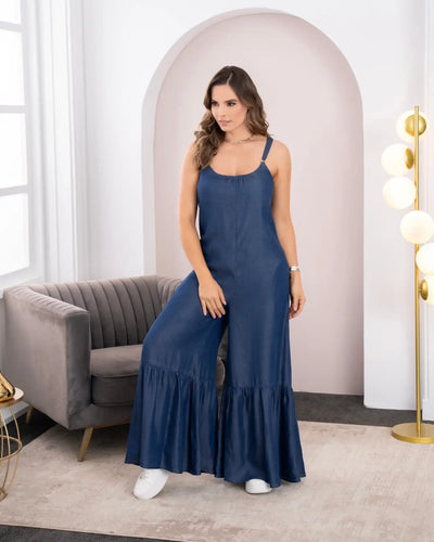 Enterizo En Tencel Largo De Tiras Bota Tipo Palazzo con Ruedo en Vuelo Marca Trucco´s - 1