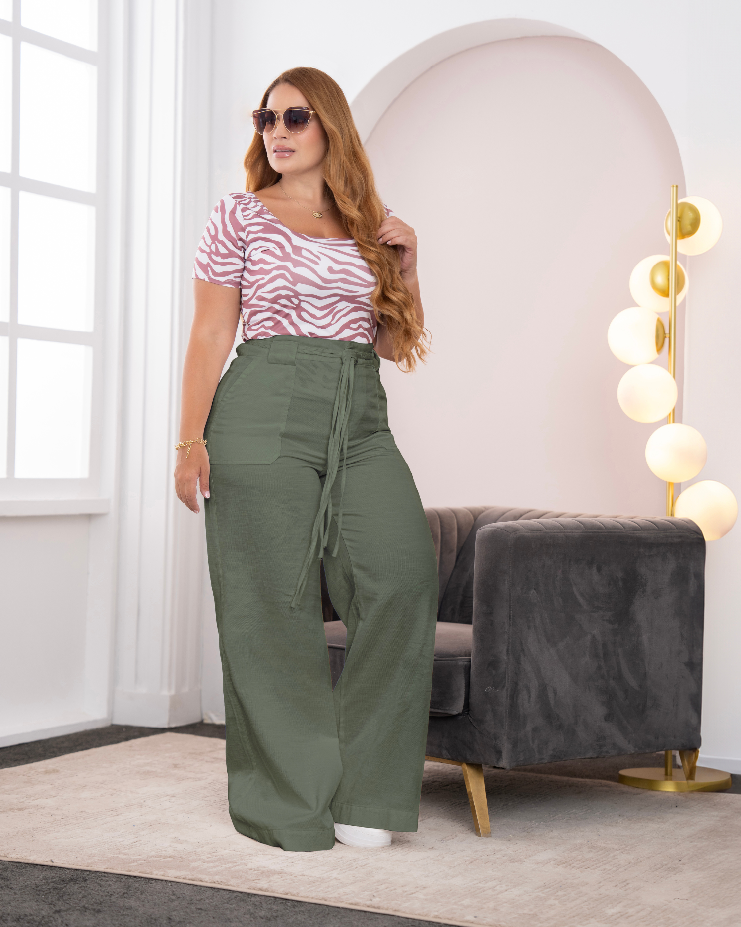 Panatalón Wide Leg Tiro Alto Pretina Resortada Cinturón Trenzado Marca Trucco´s Plus Size