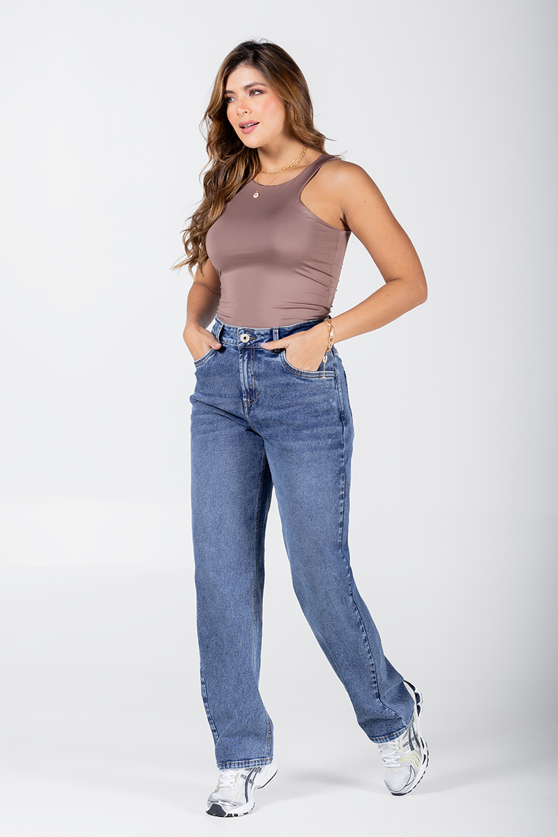 Jean Boyfriend Mujer Cintura Alta Azul Medio Relax Fit Marca Trucco´s