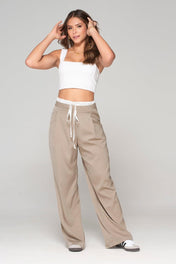 Pantalon Wide Leg Tiro Alto Doble Pretina con cierre Ajustable con Cordon Marca Trucco´s
