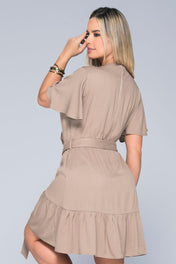 Vestido Corto Cruzado Tipo Kimono con vuelo en falda y mangas con cinturon