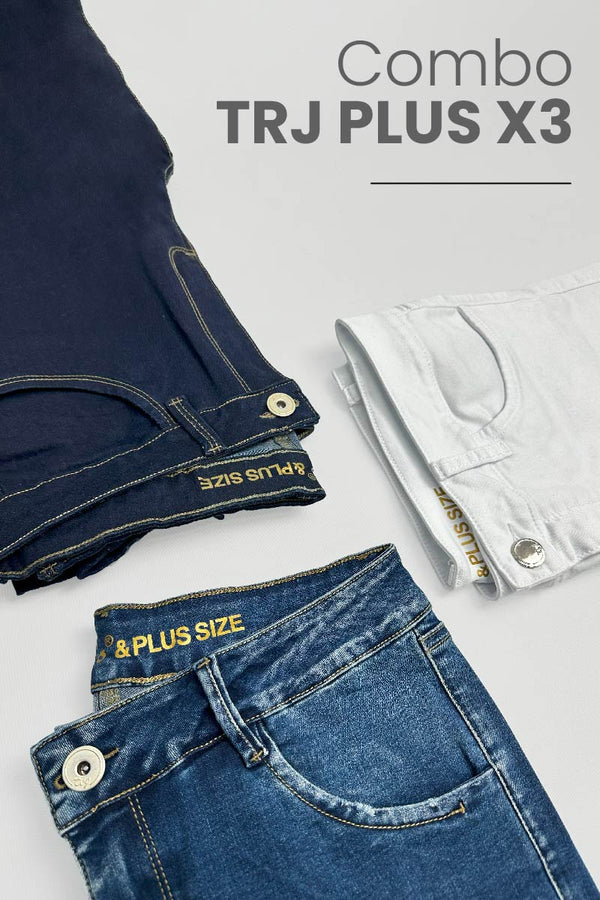 Combo Plus Size X 3 Jeans Tiro Alto Skinny Color Blanco Azul Medio Y Azul Oscuro Marca Trucco's Plus Size