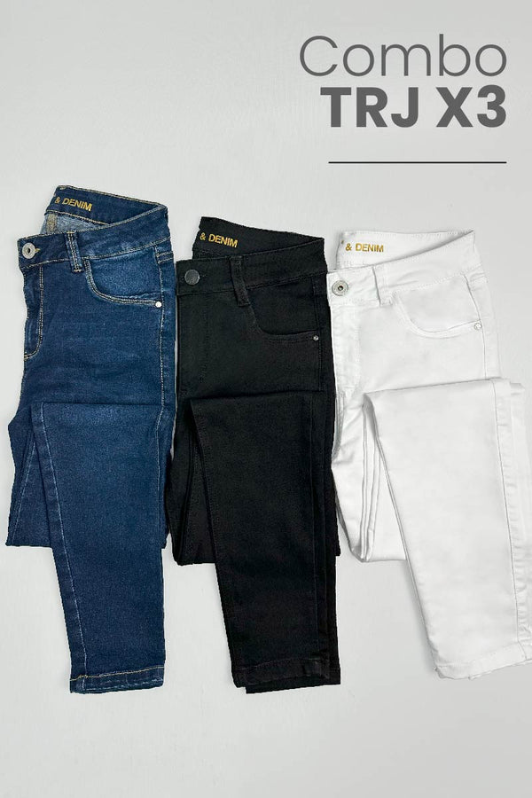 Combo Trj X 3 Jeans Tiro Alto Skinny Color  Blanco, Negro y Azul Oscuro,  Marca Trucco's