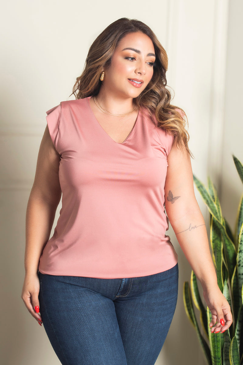 Blusa Manga Corta en vuelo Cuello V Marca Trucco´s Plus Size