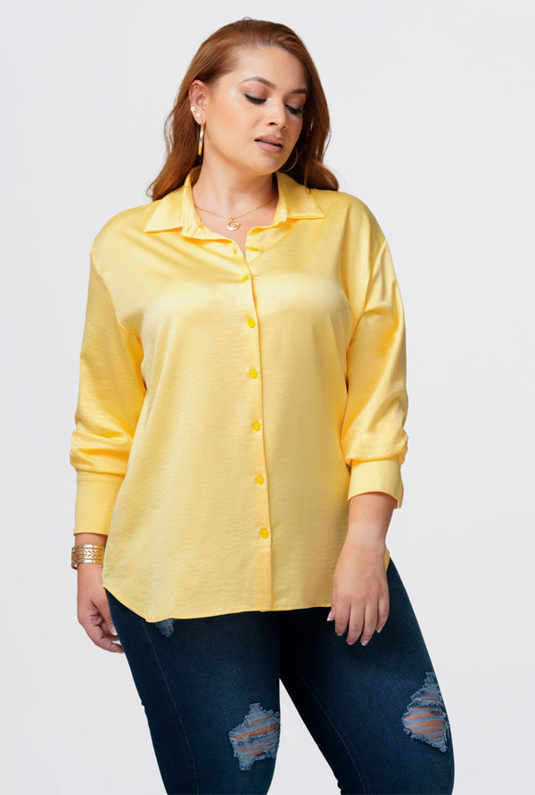 Camisa Manga Larga Color Amarillo Marca Trucco's Plus Size