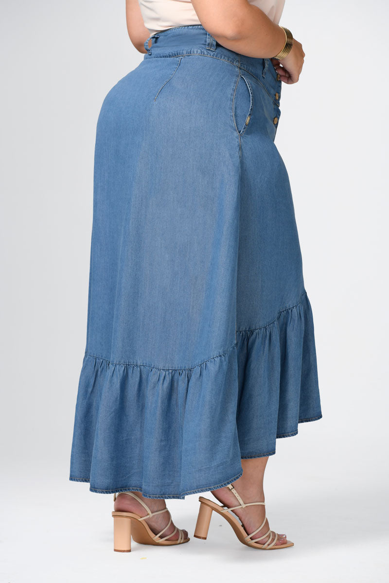 Falda larga en tencel color azul medio marca Trucco's Plus Size